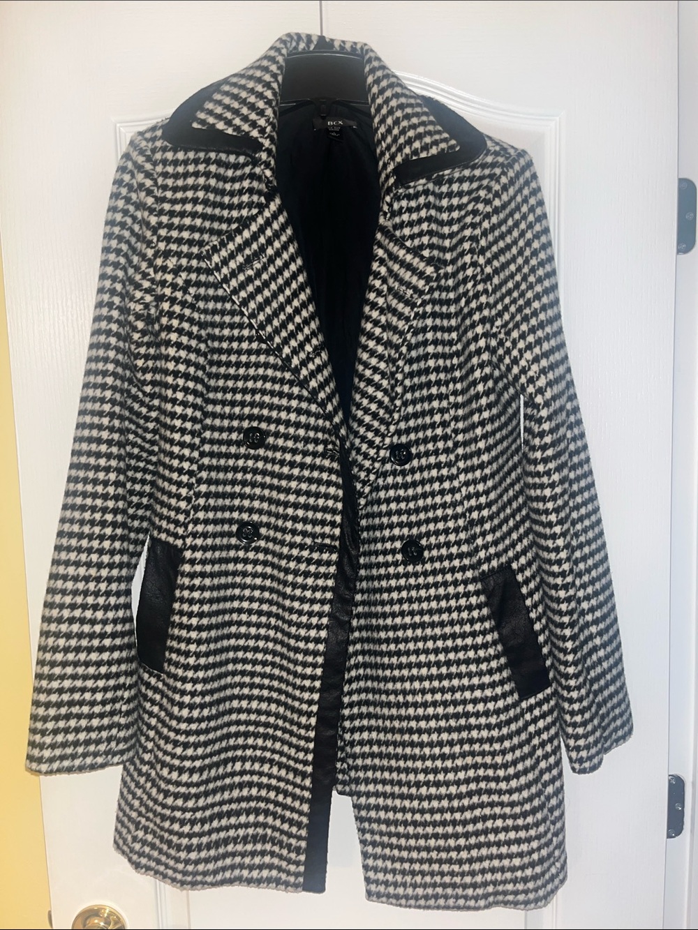 BCX Houndstooth Double-Breasted Pea Coat - Black & White